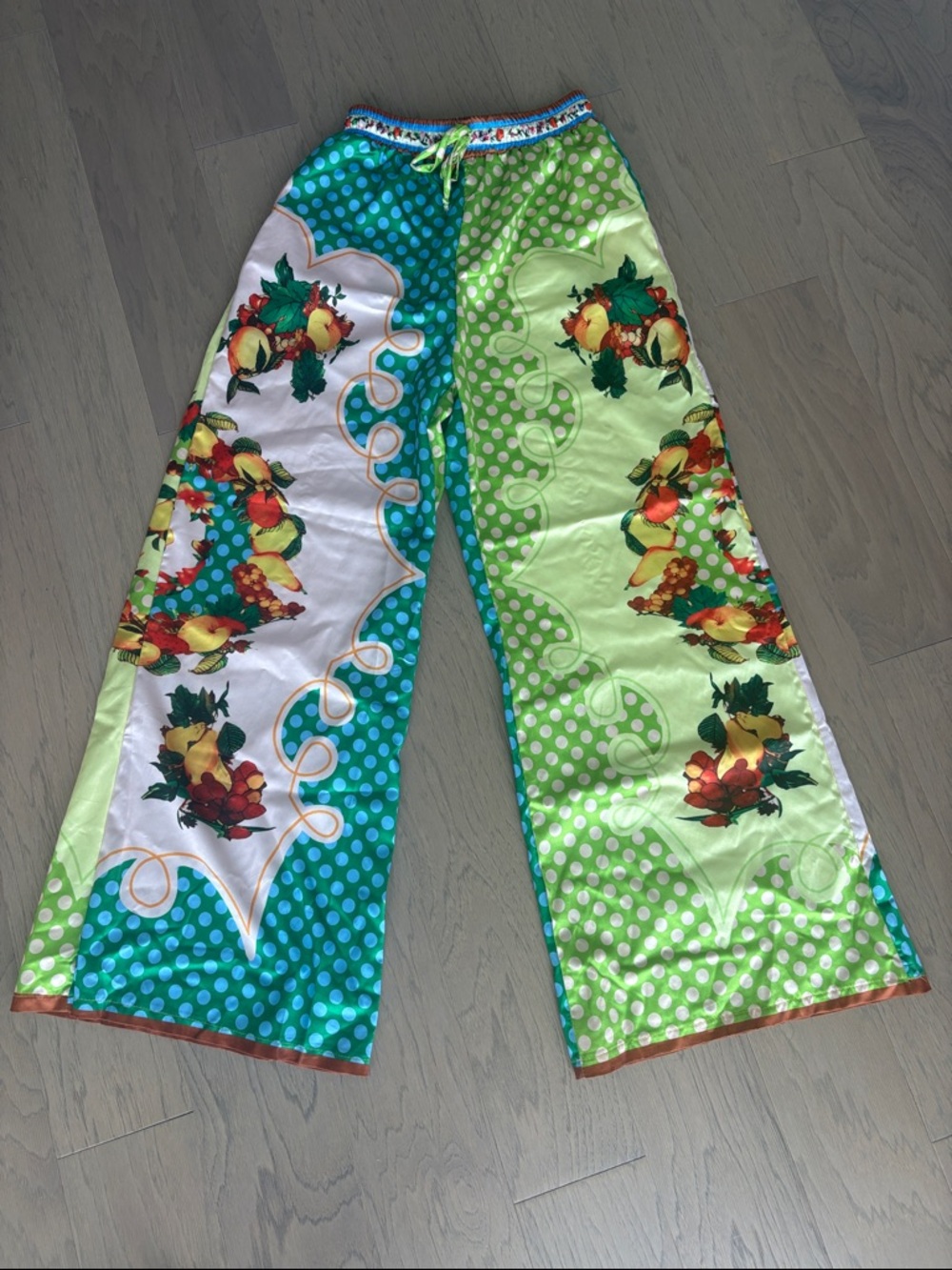 Alemais inspired Wide Leg Floral-Panel Satin Pants in Green & Teal